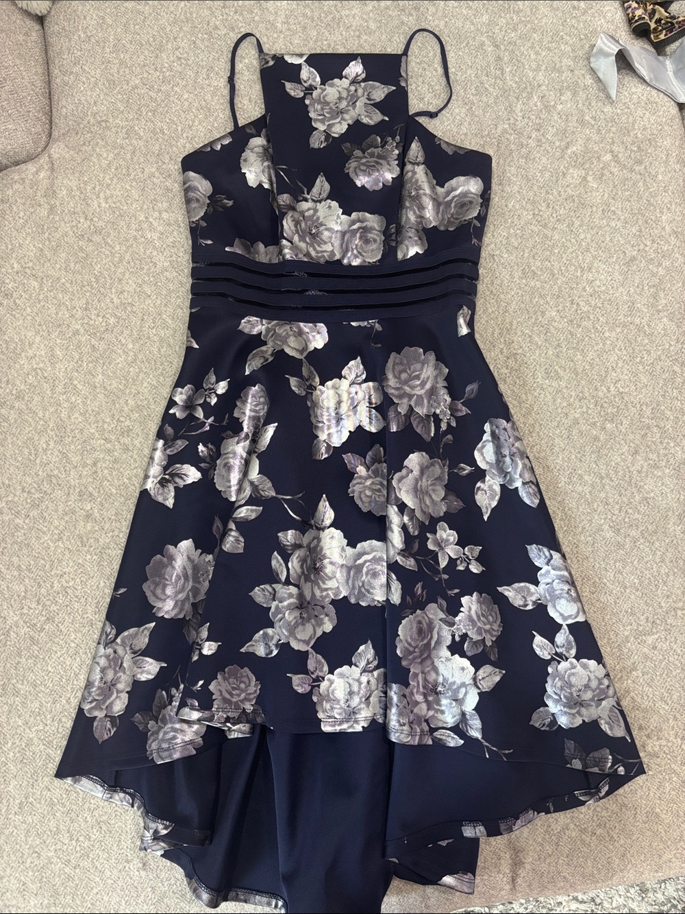 Navy Floral High-Low Spaghetti Strap Dress
